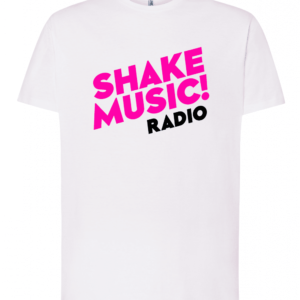 Camiseta blanca básica Shake Music Radio logo frontal con logo grande en el pecho
